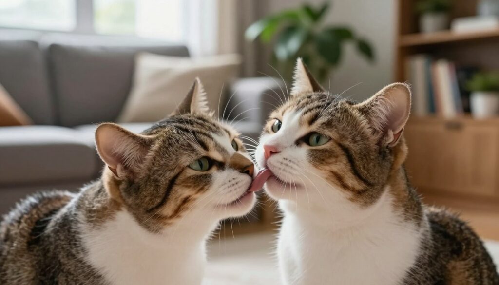A heartwarming scene of a domestic cat gently licking the fur of another cat, showcasing their bond. The foreground features a close-up of the affectionate interaction, with the first cat's playful expression and the second cat's serene face, highlighting the trust between them. In the middle, a cozy living room setting with soft cushions and a hint of sunlight filtering through a window adds warmth to the atmosphere. The background includes houseplants and a faint glimpse of a bookshelf, creating a homely feel. The lighting is soft and natural, enhancing the tender moment. The overall mood is affectionate and peaceful, capturing the surprising tenderness of feline love. A heartwarming scene of a domestic cat gently licking the fur of another cat, showcasing their bond. The foreground features a close-up of the affectionate interaction, with the first cat's playful expression and the second cat's serene face, highlighting the trust between them. In the middle, a cozy living room setting with soft cushions and a hint of sunlight filtering through a window adds warmth to the atmosphere. The background includes houseplants and a faint glimpse of a bookshelf, creating a homely feel. The lighting is soft and natural, enhancing the tender moment. The overall mood is affectionate and peaceful, capturing the surprising tenderness of feline love.