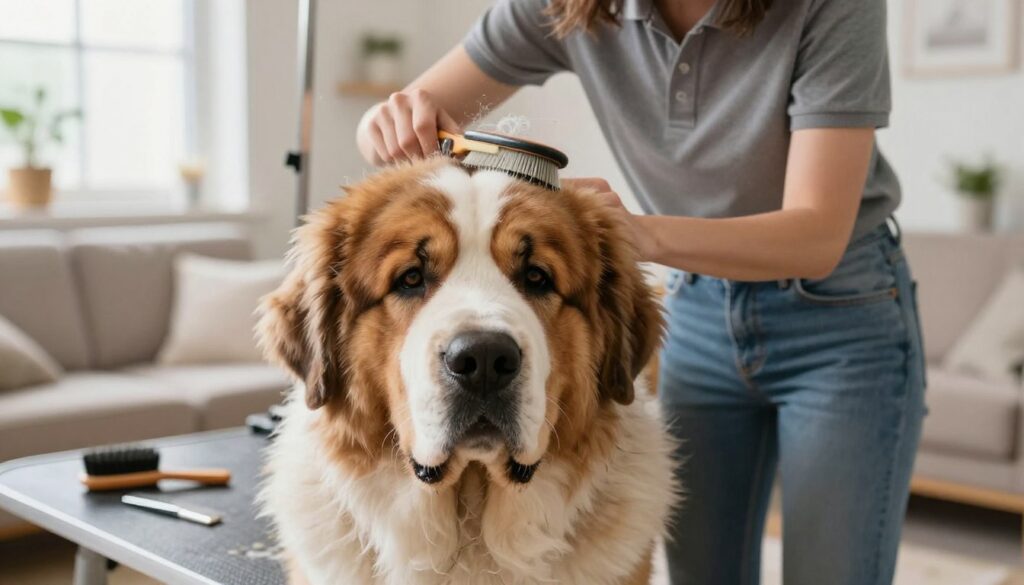 A large, fluffy Saint Bernard dog being gently groomed by a caregiver in a serene indoor setting. The caregiver, dressed in a polo shirt and comfortable jeans, is using a brush to untangle the dog's thick fur. The foreground shows the dog's expressive eyes and large face, capturing a sense of affection and trust. In the middle ground, the caregiver is attentively focused on the grooming process, surrounded by grooming tools like brushes and combs. The background is softly blurred, depicting a cozy room with natural light streaming in through a window, creating a warm and inviting atmosphere. The overall mood is calm and nurturing, emphasizing the importance of coat care as a part of the dog’s health maintenance routine.