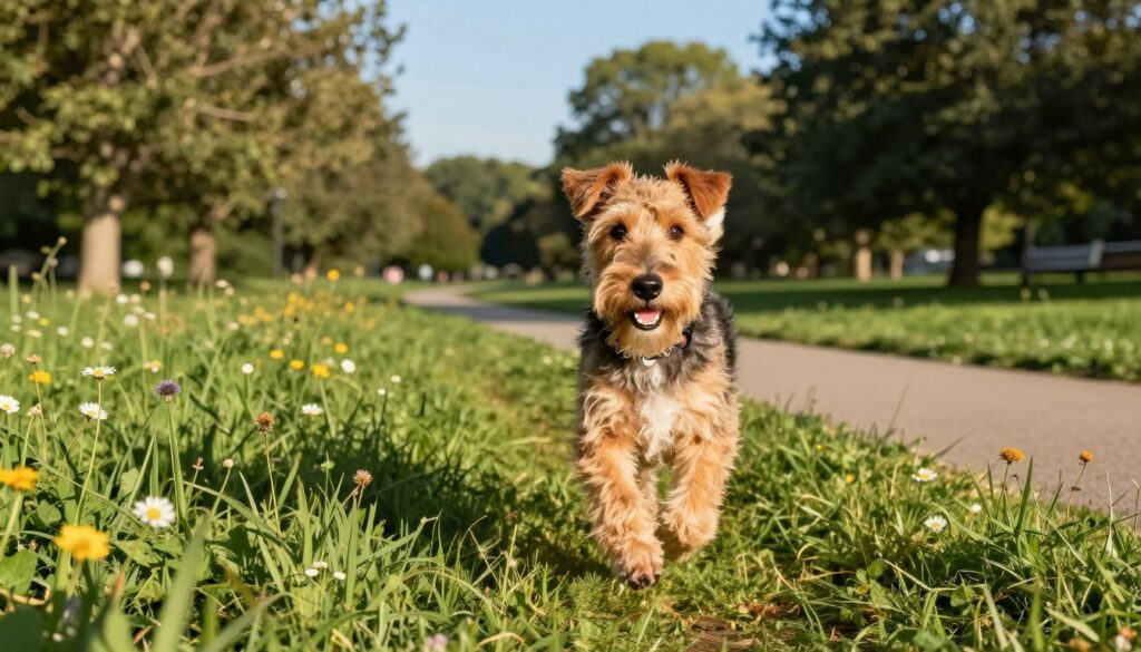 A lively, playful rough-haired Fox Terrier energetically trotting through a lush green park during a sunny day. In the foreground, the dog is sharply in focus, showcasing its characteristic wiry coat, bright eyes, and alert expression. The middle ground features a jogging path flanked by wildflowers and tall grass, emphasizing the joy of outdoor activity. The background shows tall trees under a clear blue sky, creating a serene atmosphere. Soft, warm sunlight bathes the scene, casting gentle shadows and highlighting the dog's energetic movement. The composition evokes an atmosphere of happiness and vitality, illustrating the importance of exercise for a healthy, calm Fox Terrier at home. A lively, playful rough-haired Fox Terrier energetically trotting through a lush green park during a sunny day. In the foreground, the dog is sharply in focus, showcasing its characteristic wiry coat, bright eyes, and alert expression. The middle ground features a jogging path flanked by wildflowers and tall grass, emphasizing the joy of outdoor activity. The background shows tall trees under a clear blue sky, creating a serene atmosphere. Soft, warm sunlight bathes the scene, casting gentle shadows and highlighting the dog's energetic movement. The composition evokes an atmosphere of happiness and vitality, illustrating the importance of exercise for a healthy, calm Fox Terrier at home.