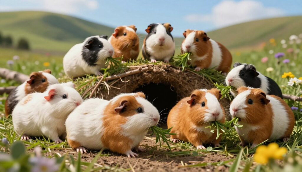 A lively scene depicting a group of guinea pigs in a natural setting, showcasing their social behavior and hierarchy. In the foreground, several guinea pigs interact playfully, some grooming each other, while others are nibbling on fresh grass and wildflowers. The middle ground features a cozy burrow and scattered twigs, adding to the natural habitat. In the background, soft green hills and a clear blue sky create a serene atmosphere. The lighting is warm and inviting, casting gentle shadows that enhance the scene's depth. Capture the essence of community and cooperation among these adorable pets, emphasizing their social bonds and lively nature. The mood is cheerful and playful, reflecting their natural behavior in a group setting. A lively scene depicting a group of guinea pigs in a natural setting, showcasing their social behavior and hierarchy. In the foreground, several guinea pigs interact playfully, some grooming each other, while others are nibbling on fresh grass and wildflowers. The middle ground features a cozy burrow and scattered twigs, adding to the natural habitat. In the background, soft green hills and a clear blue sky create a serene atmosphere. The lighting is warm and inviting, casting gentle shadows that enhance the scene's depth. Capture the essence of community and cooperation among these adorable pets, emphasizing their social bonds and lively nature. The mood is cheerful and playful, reflecting their natural behavior in a group setting.