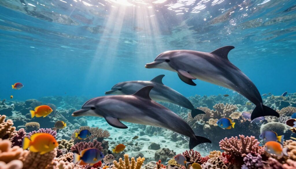 A lively underwater scene featuring dolphins gracefully swimming among vibrant coral reefs. In the foreground, a pod of dolphins breaches the surface, showcasing their sleek bodies and playful demeanor. In the middle ground, colorful schools of tropical fish dart around, adding movement and life to the environment. The background reveals a sunlit ocean, with rays of light piercing through the water, creating a serene and tranquil atmosphere. The image has a bright and cheerful mood, emphasizing the natural beauty of marine life. The focus is on capturing the dolphins' natural habitat, highlighting their agility and social behavior in an inviting underwater world. The lighting is soft and luminous, evoking a sense of peace and wonder.