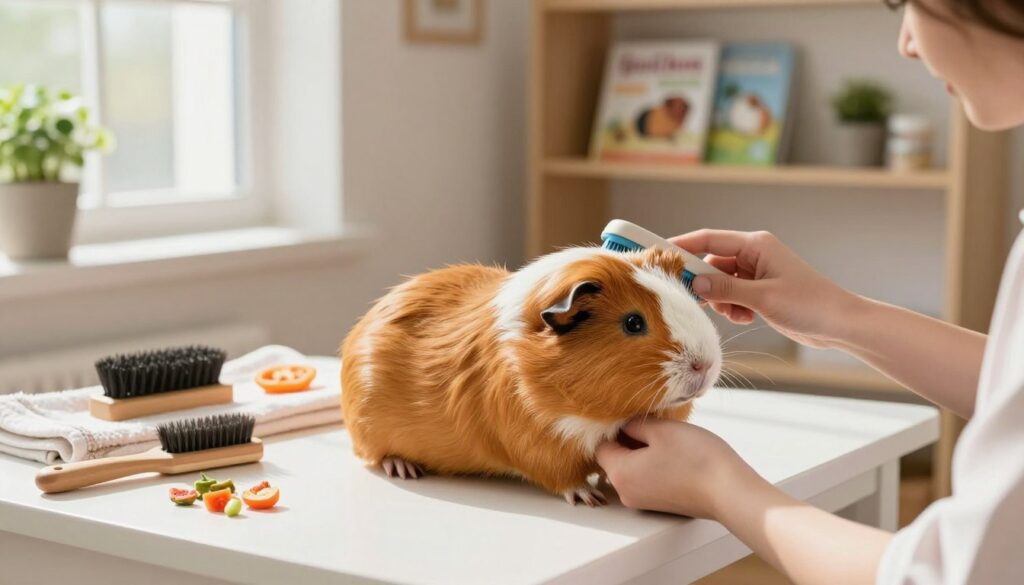 A long-haired guinea pig being gently groomed in a bright, cozy room. In the foreground, a person’s hands delicately comb through the guinea pig’s flowing fur, showcasing its rich texture and vibrant colors. The middle ground features a well-organized grooming station with brushes, a towel, and nutritious snacks like fresh veggies. Soft, natural light streams in from a nearby window, casting a warm glow that highlights the bond between the caregiver and the pet. In the background, shelves lined with guinea pig care guides and small potted plants create a serene, inviting atmosphere. The overall mood is nurturing and calm, emphasizing the importance of regular care in reducing health risks for long-haired guinea pigs.