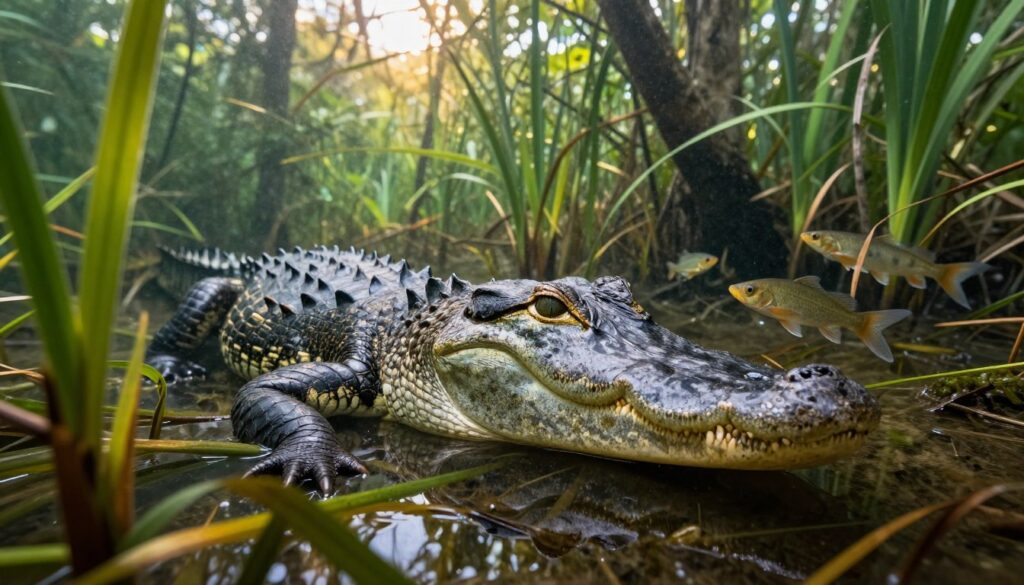 A lush, vibrant wetland scene depicting an alligator submerged partially in crystal-clear water, showcasing its natural habitat. The alligator, with detailed scales and piercing eyes, is focused intently on a school of fish swimming nearby, emphasizing its diet of fish. In the foreground, aquatic plants and reeds sway gently in the water, while the middle ground features the alligator's muscular body and sharp snout. The background includes sunlight filtering through the dense greenery of nearby trees, creating a warm, inviting atmosphere. The image is captured from a low-angle perspective, enhancing the imposing presence of the alligator while highlighting its natural surroundings. The lighting is soft and natural, evoking a serene yet dynamic underwater ecosystem.