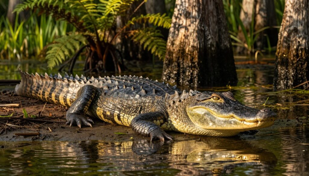 A majestic American alligator, showcasing its powerful and muscular build, rests calmly on the banks of a serene swamp. The alligator's scales shimmer in shades of dark green and earthy brown, reflecting the dappled sunlight filtering through the lush, surrounding vegetation. In the foreground, water ripples gently as the creature's sharp jaw and piercing eyes focus intently on its habitat. In the middle ground, clusters of cypress trees add depth to the scene, their roots partially submerged in the water. The background reveals a vibrant ecosystem of ferns and swamp grass, enhancing the natural ambiance. The lighting is warm and golden, evoking a tranquil, late afternoon atmosphere. Capture this moment from a slightly elevated angle to emphasize the alligator's impressive size and the richness of its environment.