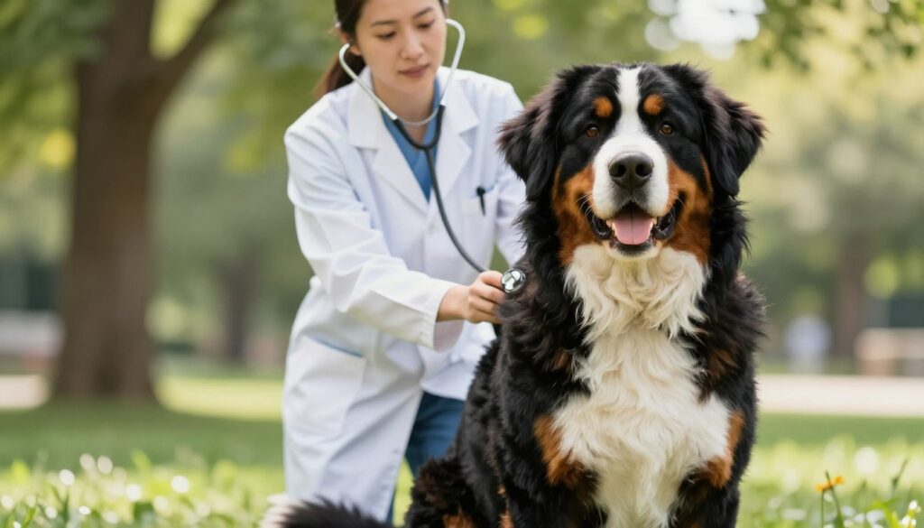 A majestic Bernese Mountain Dog in a lush, green park setting, showcasing its well-groomed, tri-colored fur with rich black, brown, and white hues. In the foreground, the dog is seated, looking alert and healthy, its friendly expression radiating warmth and trust. In the middle ground, a veterinarian in a white coat gently checks the dog's health, holding a stethoscope, emphasizing the theme of preventative care. In the background, soft sunlight filters through leafy trees, creating a serene and inviting atmosphere, highlighting the importance of a healthy environment for pets. The overall mood is hopeful and educational, with a focus on animal welfare and responsible breeding practices. A majestic Bernese Mountain Dog in a lush, green park setting, showcasing its well-groomed, tri-colored fur with rich black, brown, and white hues. In the foreground, the dog is seated, looking alert and healthy, its friendly expression radiating warmth and trust. In the middle ground, a veterinarian in a white coat gently checks the dog's health, holding a stethoscope, emphasizing the theme of preventative care. In the background, soft sunlight filters through leafy trees, creating a serene and inviting atmosphere, highlighting the importance of a healthy environment for pets. The overall mood is hopeful and educational, with a focus on animal welfare and responsible breeding practices.