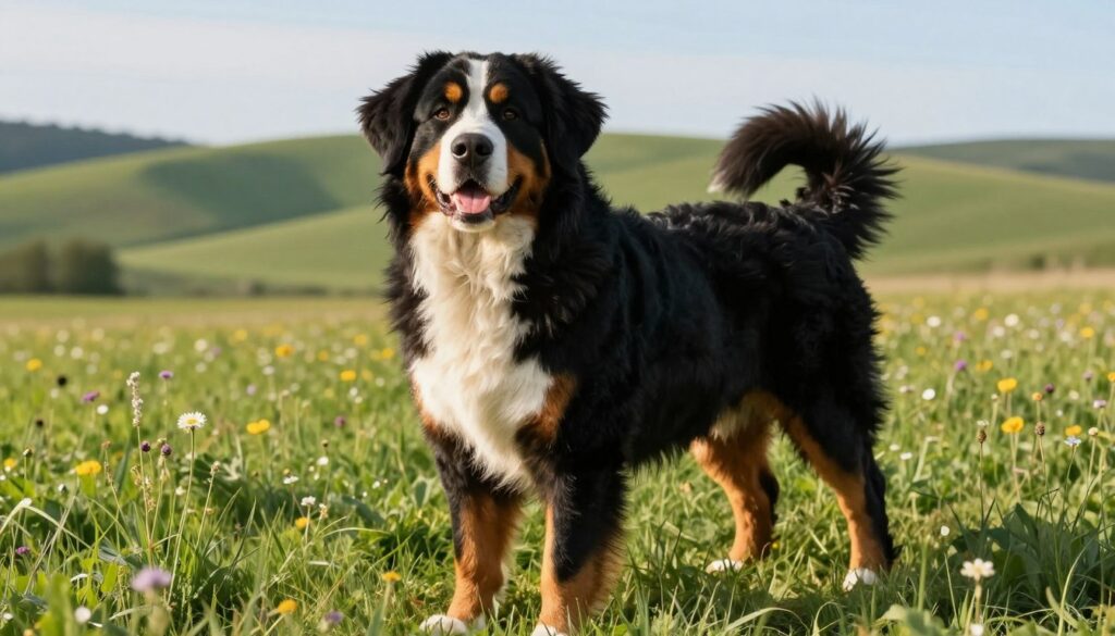 A majestic Bernese Mountain Dog stands proudly in a lush green meadow, showcasing its striking tri-color coat of black, white, and tan. The dog is in the foreground, slightly turned to the side, allowing a clear view of its strong build, large paws, and friendly expression. In the middle ground, gentle hills roll into the distance, with wildflowers dotting the landscape, creating a vibrant and natural setting. The sky above is clear, with soft, warm sunlight illuminating the scene, enhancing the dog's glossy fur. The angle captures the dog's height and mass effectively, emphasizing its robust stature. The mood is cheerful and serene, ideal for a gentle companion. A majestic Bernese Mountain Dog stands proudly in a lush green meadow, showcasing its striking tri-color coat of black, white, and tan. The dog is in the foreground, slightly turned to the side, allowing a clear view of its strong build, large paws, and friendly expression. In the middle ground, gentle hills roll into the distance, with wildflowers dotting the landscape, creating a vibrant and natural setting. The sky above is clear, with soft, warm sunlight illuminating the scene, enhancing the dog's glossy fur. The angle captures the dog's height and mass effectively, emphasizing its robust stature. The mood is cheerful and serene, ideal for a gentle companion.