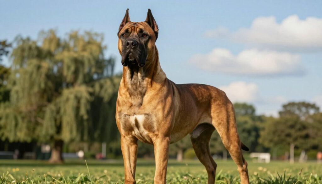 A majestic Cane Corso stands proudly in the foreground, showcasing its muscular build and powerful stature. The dog is depicted in a lush green park, with its short coat gleaming under soft, golden sunlight, highlighting the defined muscles and strong frame. Its expressive eyes convey intelligence and loyalty, while its alert ears stand tall, showcasing its keen awareness. In the middle ground, gently swaying trees provide a natural backdrop, creating a serene atmosphere. The background features a clear blue sky dotted with a few fluffy clouds, adding to the tranquil yet vibrant scene. The overall mood is one of strength and grace, emphasizing the imposing yet noble nature of the Cane Corso. Capture this scene with a slightly low angle to enhance the dog's imposing presence and to create a more dynamic perspective. A majestic Cane Corso stands proudly in the foreground, showcasing its muscular build and powerful stature. The dog is depicted in a lush green park, with its short coat gleaming under soft, golden sunlight, highlighting the defined muscles and strong frame. Its expressive eyes convey intelligence and loyalty, while its alert ears stand tall, showcasing its keen awareness. In the middle ground, gently swaying trees provide a natural backdrop, creating a serene atmosphere. The background features a clear blue sky dotted with a few fluffy clouds, adding to the tranquil yet vibrant scene. The overall mood is one of strength and grace, emphasizing the imposing yet noble nature of the Cane Corso. Capture this scene with a slightly low angle to enhance the dog's imposing presence and to create a more dynamic perspective.