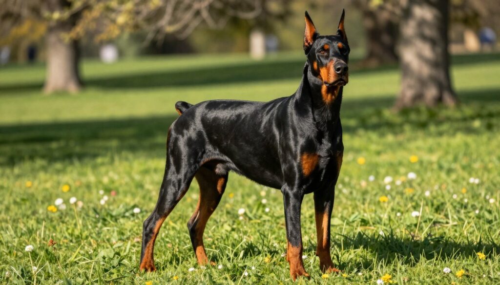 A majestic Doberman standing proudly in a lush green park, showcasing its sleek and muscular build. The dog's coat is a rich black with distinct rust markings, glistening in the sunlight. The foreground features the Doberman's confident gaze, highlighting its alert expression and strong jawline. In the middle ground, a well-manicured lawn with scattered wildflowers provides a vibrant backdrop. The sunlight creates a warm ambiance, casting soft shadows around the dog. In the background, gently blurred trees softly sway in the breeze, adding to the serene atmosphere. The angle is slightly low, emphasizing the dog's stature and nobility. The overall mood is one of strength, vitality, and elegance, perfectly capturing the essence of the Doberman's appearance and physical condition.