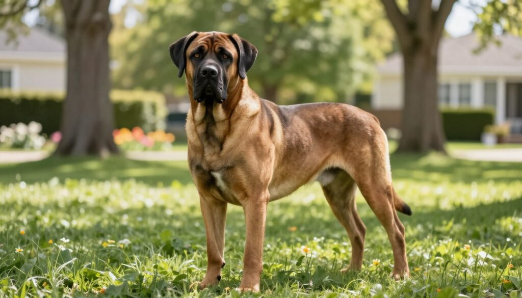 A majestic German Mastiff standing proudly in a lush green park, showcasing its noble lineage. The dog is well-groomed, with a shiny coat that captures the sunlight, emphasizing its strong athletic build. In the foreground, the dog's expressive eyes exude warmth and intelligence. The middle ground features a serene environment with blooming flowers and tall trees, casting dappled shadows on the grass. Soft, natural lighting enhances the peaceful atmosphere, reminiscent of a sunny afternoon. In the background, subtle hints of a modern home can be seen, suggesting a loving family setting. This image embodies the qualities of a purebred German Mastiff, evoking a sense of companionship and loyalty.