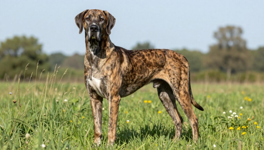 A majestic Great Dane stands tall in a serene outdoor setting, showcasing its impressive stature and distinctive coat. The dog, with its elegant and muscular build, is positioned in the foreground, displaying a sleek, short-haired coat in shades of brindle and fawn. Its large, expressive eyes convey intelligence and warmth. In the middle ground, vibrant green grass and a few wildflowers gently sway in the breeze, creating a lush backdrop. The background features blurred trees and a clear blue sky, bathed in soft, natural lighting, evoking a calm atmosphere. Shot from a slightly low angle to emphasize the dog's height and grace, this image captures the unique appearance and size of the Great Dane, underlining its role as a gentle giant.