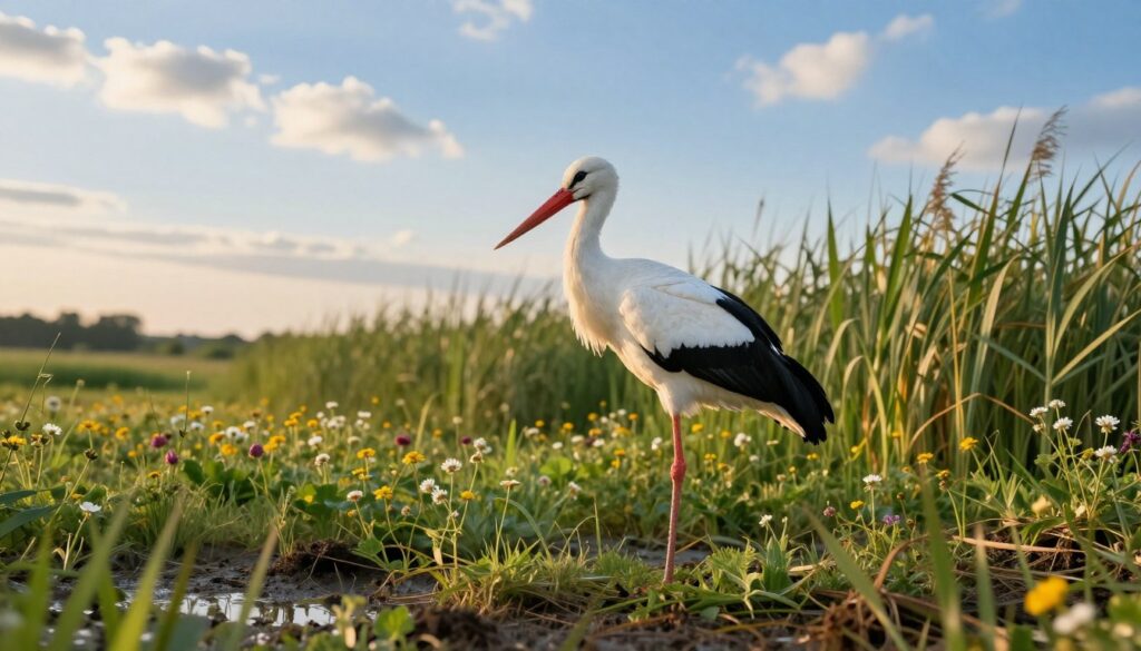 A majestic white stork (bociana) gracefully stands on one leg in lush green wetlands, surrounded by blooming wildflowers and tall reeds. The stork's black-tipped wings contrast beautifully against its pure white feathers, while its long, slender red beak gleams under the warm golden hour sunlight. In the foreground, detailed textures of the wetland soil and vibrant vegetation create a rich tapestry of life, while in the background, a serene blue sky is dotted with wispy clouds. The distant silhouette of a peaceful landscape fades into soft hues, enhancing the tranquil atmosphere. The image captures the essence of the stork's habitat, emphasizing its significance to the ecosystem with a focus on natural beauty and harmony.