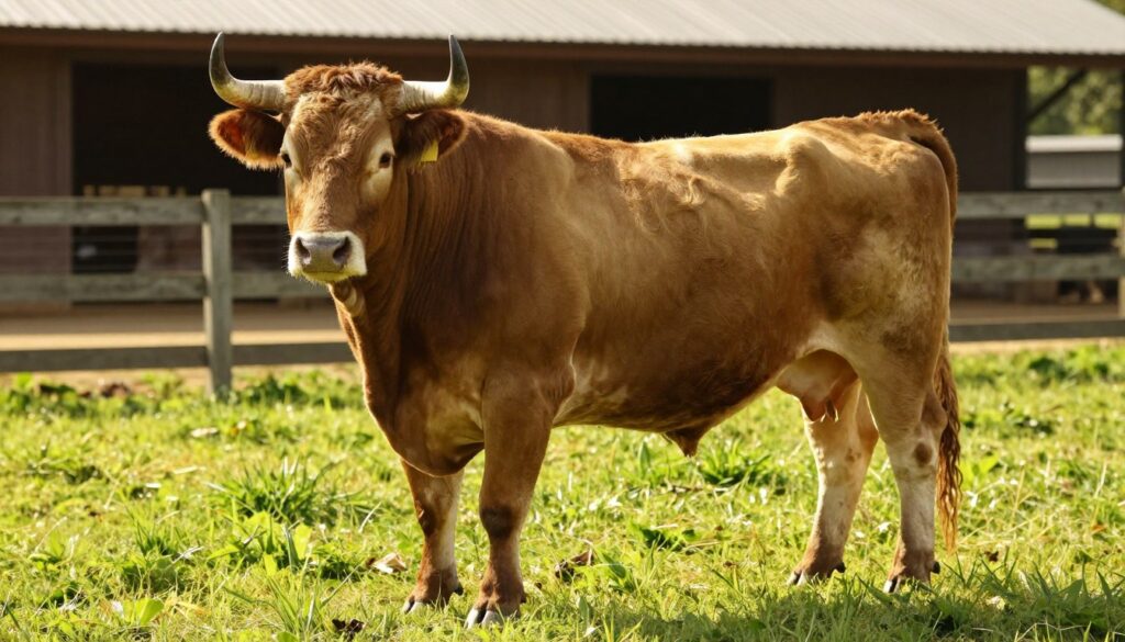 A mature bull standing majestically in a well-maintained farm environment, showcasing its impressive physique and robust health. The foreground features the bull with clear details of its muscular build, thick coat, and strong horns, positioned confidently on lush green grass. In the middle ground, a wooden fence lines the area, while a barn in the background hints at a traditional farm setting, bathed in warm, golden sunlight. The atmosphere is serene and tranquil, suggesting a sense of well-being and care. Soft shadows cast by gentle overhead lighting create a natural and inviting scene, emphasizing the bull's strength and vitality, reflecting the importance of proper conditions in livestock management.