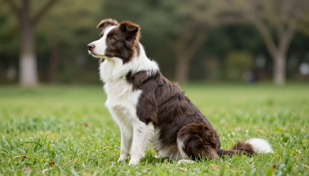 A medium-sized Border Collie, with a well-defined, athletic build and a beautifully groomed double coat, sits in a vibrant grassy field. The dog is in profile, showcasing its strong legs and balanced physique, emphasizing its potential for movement without overexertion. In the background, blurred trees provide a serene, natural setting under soft, diffused daylight that casts gentle shadows. The scene conveys a calm, focused atmosphere, illustrating the importance of physical balance in maintaining a dog's health. Use a shallow depth of field to emphasize the dog, while the surrounding greenery adds a touch of life and vibrancy, enhancing the overall depiction of vitality and care for this breed.