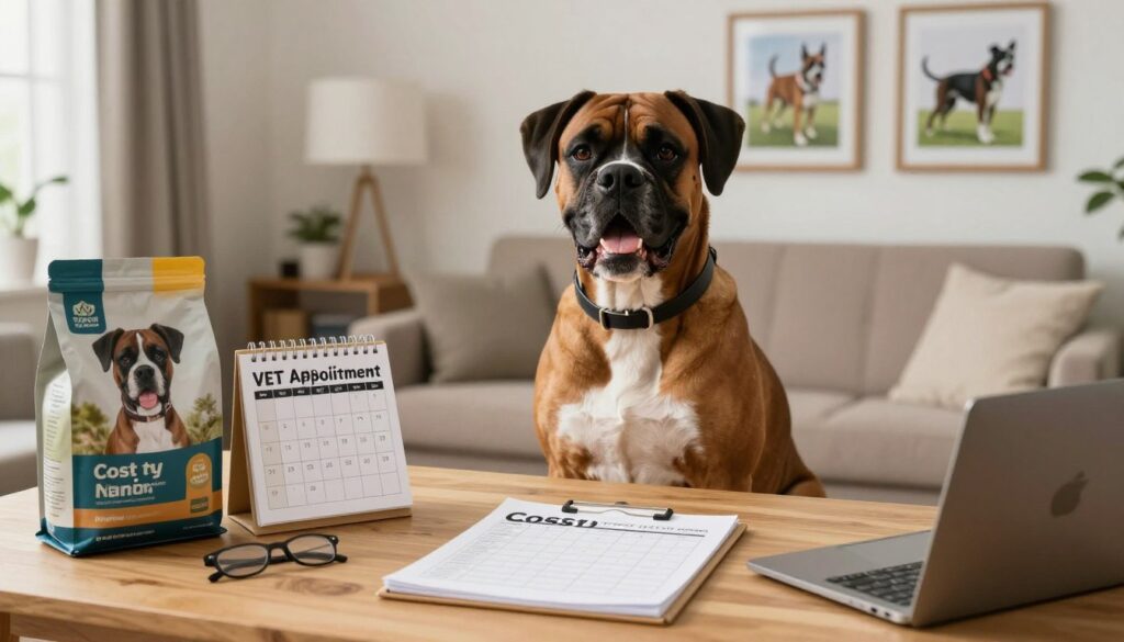 A meticulously organized workspace showcasing the various costs and responsibilities of a boxer owner. In the foreground, a wooden desk is cluttered with dog care essentials: high-quality dog food, a vet appointment calendar, and a cost breakdown chart on a notepad. In the middle, a sturdy, happy Boxer dog sits attentively, its muscular build and playful expression depicting vitality and health. The background features a well-lit home environment, with a cozy couch and framed pictures of the Boxer in various activities like training and playing. Soft, warm lighting floods the scene, creating a welcoming and informative atmosphere, while the perspective is slightly angled to draw attention to the items on the desk and the dog in the center.