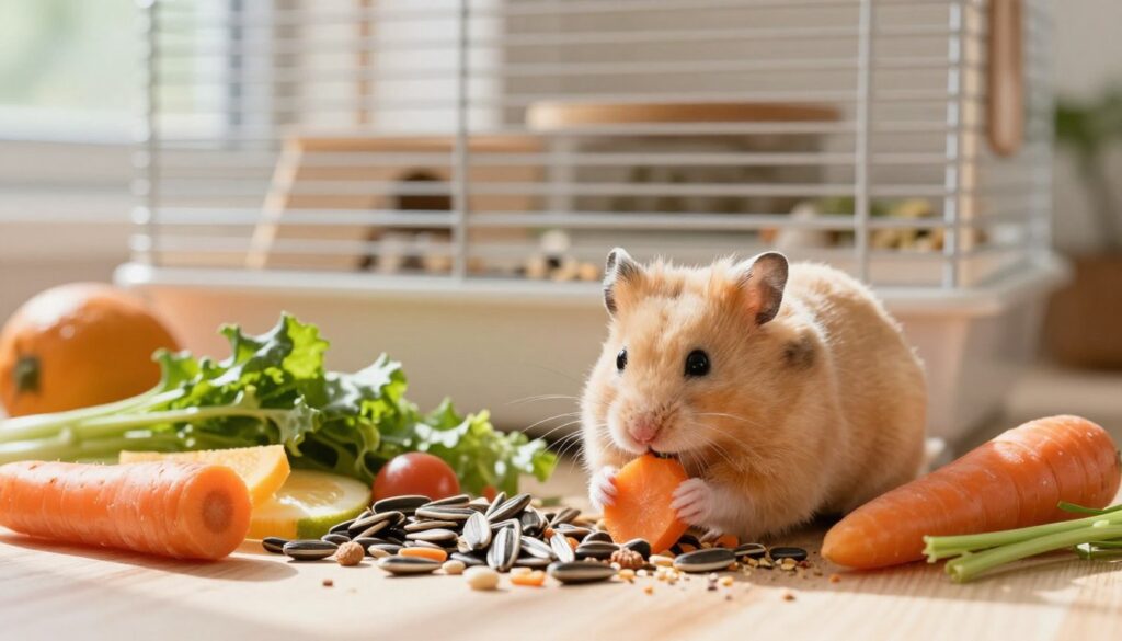 A nutritious and colorful display of a hamster's diet, featuring a variety of seeds, fresh fruits, and vegetables as the foreground. The hamster, a small, fluffy golden one, is happily nibbling on a piece of carrot, surrounded by scattered sunflower seeds and green leafy vegetables. In the middle ground, a clean, spacious cage with natural wood elements sits, conveying a sense of a comfortable habitat. The background includes soft, natural lighting filtering through a window, creating a warm and inviting atmosphere with gentle shadows playing across the scene. The overall mood is cheerful and vibrant, focusing on the importance of a balanced diet for the well-being of hamsters. No text or logos present in the image.