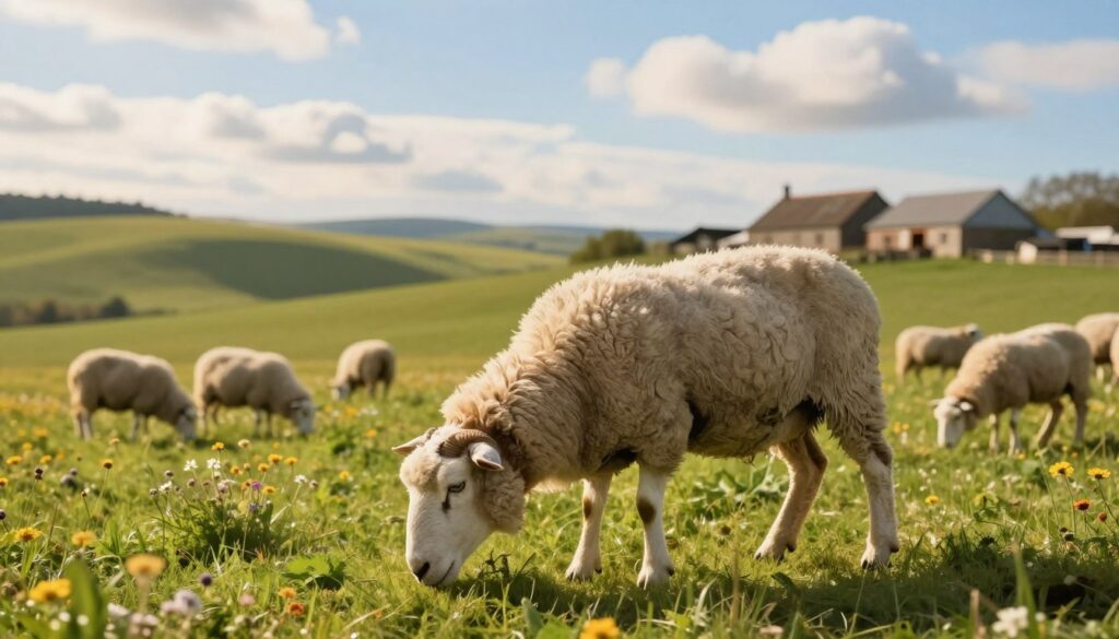 A pastoral scene depicting a healthy, robust ram grazing peacefully in a lush green field, symbolizing factors influencing its lifespan in farming. In the foreground, show the ram with a thick, shiny fleece, exhibiting signs of vitality. In the middle ground, include gentle rolling hills dotted with vibrant wildflowers and a few other sheep, showcasing a healthy herd environment. In the background, feature a rustic farmhouse and a clear blue sky filled with soft, fluffy clouds, suggesting an idyllic farming lifestyle. The lighting is warm and inviting, resembling the golden hour, creating a serene and harmonious atmosphere. Capture this with a slight depth of field to emphasize the ram while softly blurring the background for focus. A pastoral scene depicting a healthy, robust ram grazing peacefully in a lush green field, symbolizing factors influencing its lifespan in farming. In the foreground, show the ram with a thick, shiny fleece, exhibiting signs of vitality. In the middle ground, include gentle rolling hills dotted with vibrant wildflowers and a few other sheep, showcasing a healthy herd environment. In the background, feature a rustic farmhouse and a clear blue sky filled with soft, fluffy clouds, suggesting an idyllic farming lifestyle. The lighting is warm and inviting, resembling the golden hour, creating a serene and harmonious atmosphere. Capture this with a slight depth of field to emphasize the ram while softly blurring the background for focus.