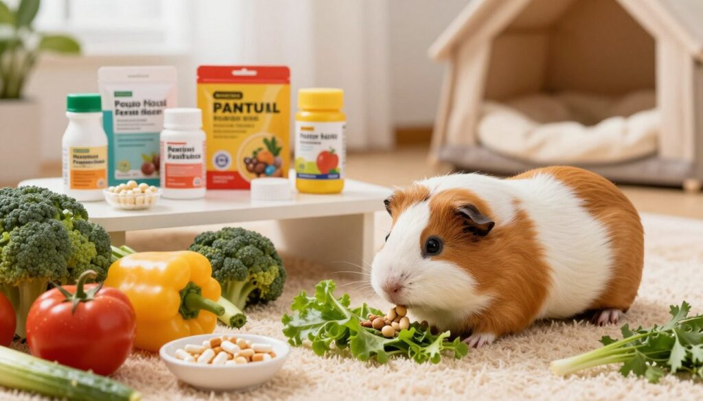 A picturesque indoor environment featuring a pregnant guinea pig surrounded by an array of colorful vegetables and vitamin supplements specifically designed for small animals. In the foreground, the guinea pig, with a soft, fluffy coat, is enjoying fresh, organic food, illustrating a nurturing feeding session. In the middle ground, a neatly organized pet care space displays various vitamins in bright, appealing packaging, emphasizing the importance of nutrition. The background reveals a cozy and safe habitat with soft bedding and gentle lighting that evokes a warm, caring atmosphere. The scene is well-lit, capturing the essence of a loving pet care environment, shot from a slightly elevated angle to provide a comprehensive view of the setup. A picturesque indoor environment featuring a pregnant guinea pig surrounded by an array of colorful vegetables and vitamin supplements specifically designed for small animals. In the foreground, the guinea pig, with a soft, fluffy coat, is enjoying fresh, organic food, illustrating a nurturing feeding session. In the middle ground, a neatly organized pet care space displays various vitamins in bright, appealing packaging, emphasizing the importance of nutrition. The background reveals a cozy and safe habitat with soft bedding and gentle lighting that evokes a warm, caring atmosphere. The scene is well-lit, capturing the essence of a loving pet care environment, shot from a slightly elevated angle to provide a comprehensive view of the setup.