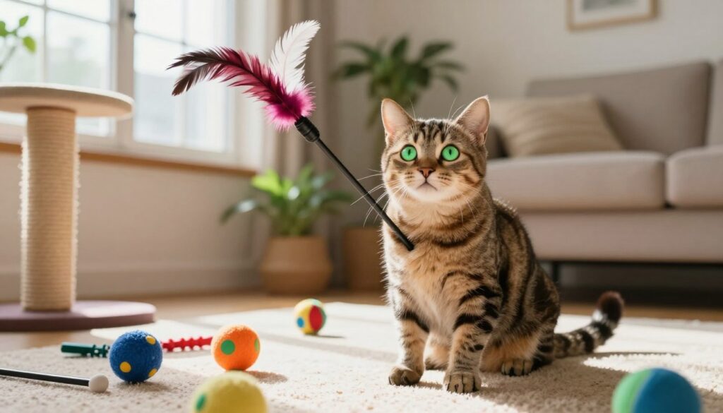 A playful and curious tabby cat sits in a cozy living room, surrounded by colorful toys—feather wands, balls, and a scratching post. The foreground features the cat's expressive face, with bright green eyes wide open, capturing its adventurous spirit. In the middle, various toys scatter around, inviting interaction, while a sunny window in the background radiates warm, natural light, creating soft shadows and a welcoming atmosphere. The room is adorned with plants and a soft couch, enhancing the homey feel. The entire scene evokes a sense of joy and engagement, reflecting the lively personality of the cat as it prepares for playtime, highlighting the importance of enriching their environment. A playful and curious tabby cat sits in a cozy living room, surrounded by colorful toys—feather wands, balls, and a scratching post. The foreground features the cat's expressive face, with bright green eyes wide open, capturing its adventurous spirit. In the middle, various toys scatter around, inviting interaction, while a sunny window in the background radiates warm, natural light, creating soft shadows and a welcoming atmosphere. The room is adorned with plants and a soft couch, enhancing the homey feel. The entire scene evokes a sense of joy and engagement, reflecting the lively personality of the cat as it prepares for playtime, highlighting the importance of enriching their environment.