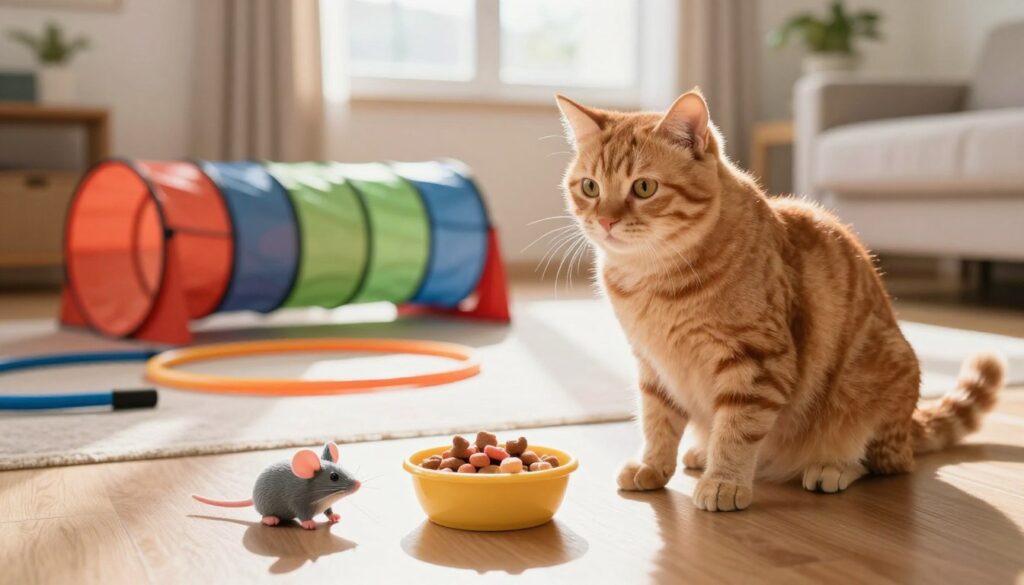 A playful and motivated cat focused on learning tricks, positioned in the foreground. The cat, a fluffy ginger tabby, sits attentively next to a small bowl of colorful cat treats and a soft toy mouse, symbolizing rewards. In the middle ground, an open space filled with training props, like a hoop and agility tunnel, showcases the playful atmosphere. The background is a bright and inviting home interior with warm sunlight streaming through a window, illuminating the scene with a cheerful glow. The mood should be encouraging and vibrant, capturing the essence of motivation and training. The angle is slightly low, emphasizing the cat's eager expression and its dynamic environment. No text or additional decoration should be present.