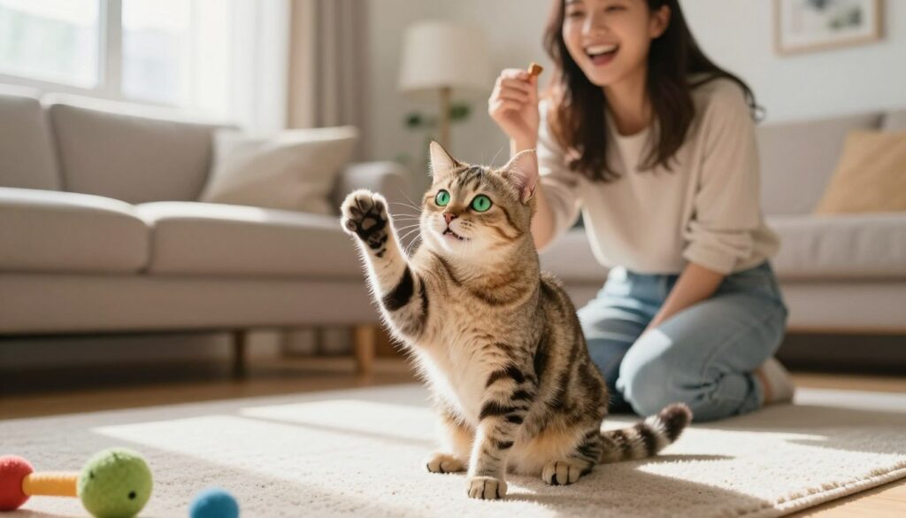 A playful scene featuring a small, fluffy tabby cat engaging in basic tricks on a cozy living room floor. The cat, with bright green eyes and a shiny coat, is positioned in mid-action, sitting on its haunches with its front paws raised as if to demonstrate the command "sit." In the background, a cheerful pet owner, dressed in casual, modest clothing, kneels with an encouraging smile, holding a treat in one hand. Sunlight streams through a large window, casting soft, warm light across the room, enhancing the inviting atmosphere. Colorful toys and a comfortable carpet add a homely feel, while soft-focus elements in the background emphasize the bond between the pet and its owner.