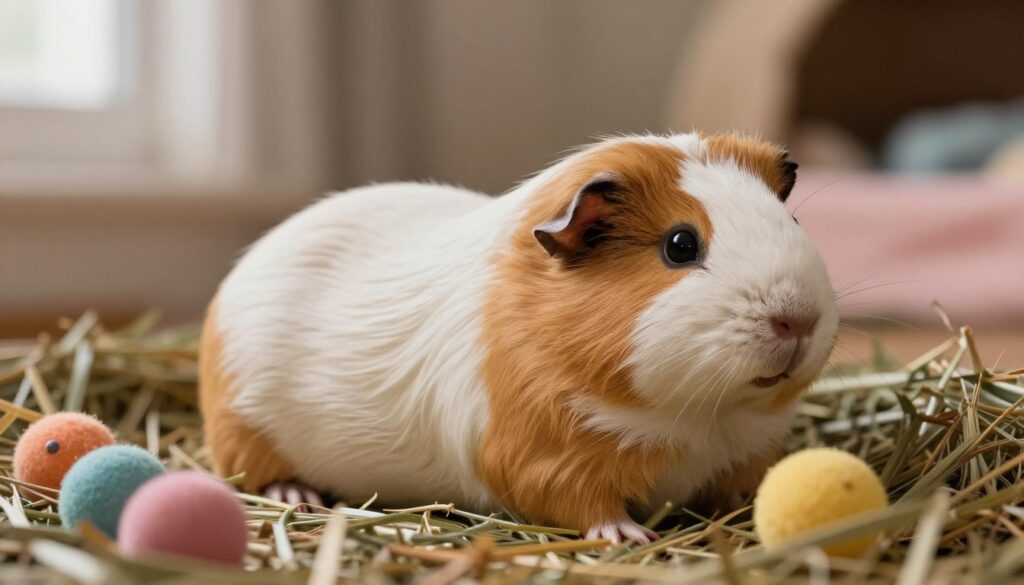 A pregnant guinea pig, peacefully resting in a cozy nest made of soft hay, surrounded by small colorful toys. The foreground features the guinea pig, with clear details on its round belly, soft fur texture, and gentle expression, showcasing the essence of motherhood. In the middle, a warm, inviting atmosphere with dim, natural lighting that creates a serene ambiance, illuminating the guinea pig beautifully. The background is softly blurred, hinting at a comfortable indoor environment, perhaps a small pet home with pastel-colored decor. The overall mood is nurturing and calm, emphasizing the anticipation of new life, making it perfect for an informative article section about guinea pig pregnancy. A pregnant guinea pig, peacefully resting in a cozy nest made of soft hay, surrounded by small colorful toys. The foreground features the guinea pig, with clear details on its round belly, soft fur texture, and gentle expression, showcasing the essence of motherhood. In the middle, a warm, inviting atmosphere with dim, natural lighting that creates a serene ambiance, illuminating the guinea pig beautifully. The background is softly blurred, hinting at a comfortable indoor environment, perhaps a small pet home with pastel-colored decor. The overall mood is nurturing and calm, emphasizing the anticipation of new life, making it perfect for an informative article section about guinea pig pregnancy.