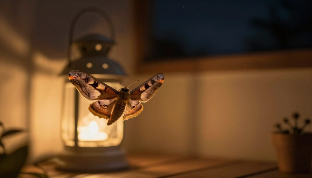 A scene illustrating the phenomenon of moths being drawn to light. In the foreground, a vibrant moth with intricate wing patterns flutters towards a warm, glowing light source, such as a lantern or candle. The middle ground features a cozy home setting, with soft, inviting colors, where shadows play along the walls. In the background, a darkened night sky is visible, dotted with faint stars, enhancing the contrast of the light. The lighting should be warm and soft, casting gentle highlights on the moth's wings while creating a serene, captivating atmosphere. Capture the moment of attraction, evoking curiosity about the natural behavior of moths, while ensuring a calm, inviting feel throughout the composition. A scene illustrating the phenomenon of moths being drawn to light. In the foreground, a vibrant moth with intricate wing patterns flutters towards a warm, glowing light source, such as a lantern or candle. The middle ground features a cozy home setting, with soft, inviting colors, where shadows play along the walls. In the background, a darkened night sky is visible, dotted with faint stars, enhancing the contrast of the light. The lighting should be warm and soft, casting gentle highlights on the moth's wings while creating a serene, captivating atmosphere. Capture the moment of attraction, evoking curiosity about the natural behavior of moths, while ensuring a calm, inviting feel throughout the composition.