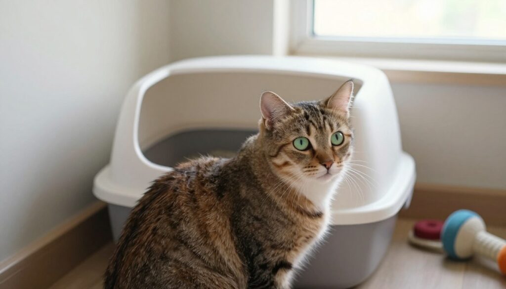 A serene and cozy indoor scene featuring an adult cat using a litter box. The cat, a fluffy tabby with striking green eyes, is positioned in the foreground, with its back slightly arched in a natural pose, reflecting its contentment and focus. In the middle ground, the litter box is filled with clean, soft litter, strategically placed against a light-colored wall. A few cat toys can be glimpsed nearby, adding to the homeliness. In the background, a window allows soft, diffused sunlight to flood the space, casting gentle shadows. The atmosphere is calming and encouraging, emphasizing the learning process for the cat in its new environment, suitable for showcasing best practices in litter training.