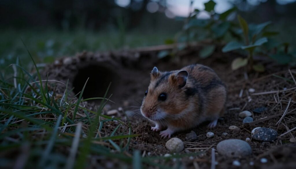 A serene and dimly lit nocturnal scene featuring a hamster exploring its habitat. In the foreground, the hamster gazes intently at a small patch of soft, natural earth, surrounded by gentle tufts of grass and scattered pebbles. Its tiny nose is twitching as it sniffs the air, illustrating its preference for smell over sight. The middle ground shows a subtle transition of shadows and faint outlines of burrows and small plants, capturing the essence of its underground home. In the background, soft, muted light filters through the foliage, creating a tranquil atmosphere that emphasizes the world of dusk and twilight. The overall mood is calm and contemplative, inviting viewers to reflect on the hamster's unique perception of its environment.