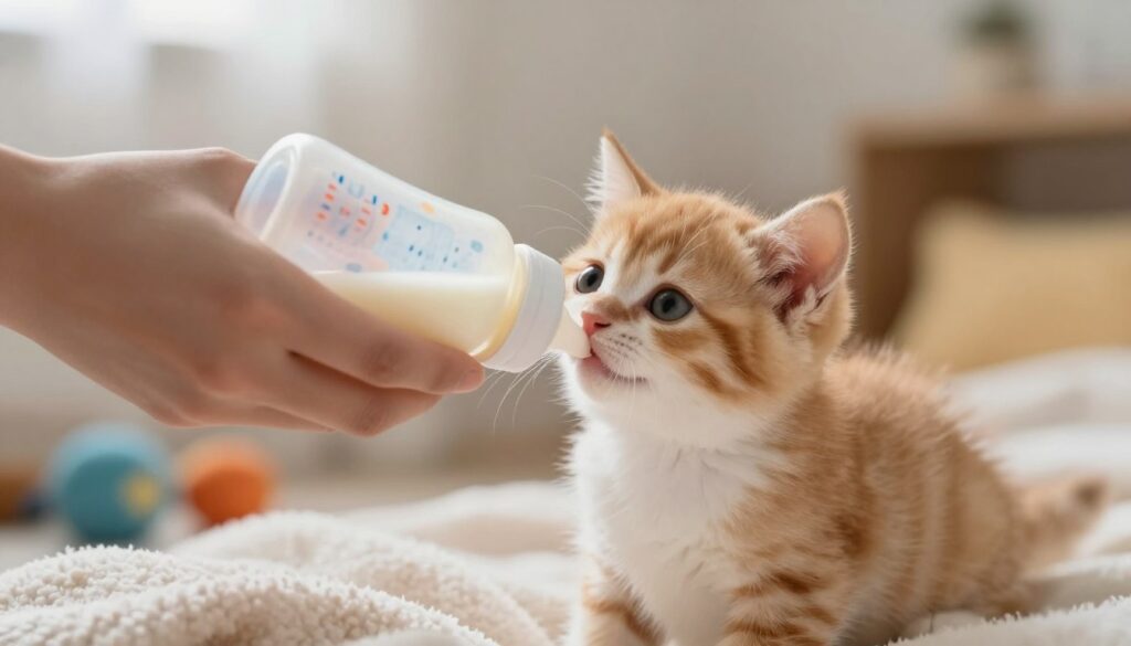 A serene and nurturing scene featuring a small, fluffy kitten being gently fed from a bottle filled with milk specifically designed for kittens. In the foreground, the focus is on the soft, curious face of the kitten with its bright eyes fixated on the bottle. The kitten's fur is a mix of orange and white, highlighting its innocence. In the middle ground, a caring hand of an adult is holding the bottle, showcasing a tender interaction. The background comprises a cozy room setting filled with soft blankets and pet toys, emphasizing a warm and safe environment. Soft, diffused lighting creates a gentle and caring atmosphere, capturing the essence of nurturing. A serene and nurturing scene featuring a small, fluffy kitten being gently fed from a bottle filled with milk specifically designed for kittens. In the foreground, the focus is on the soft, curious face of the kitten with its bright eyes fixated on the bottle. The kitten's fur is a mix of orange and white, highlighting its innocence. In the middle ground, a caring hand of an adult is holding the bottle, showcasing a tender interaction. The background comprises a cozy room setting filled with soft blankets and pet toys, emphasizing a warm and safe environment. Soft, diffused lighting creates a gentle and caring atmosphere, capturing the essence of nurturing.