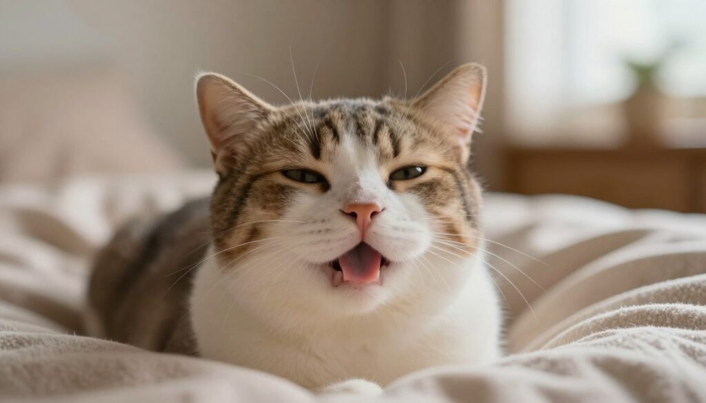 A serene, close-up view of a cat during the process of purring, depicting both inhalation and exhalation phases. The cat is nestled comfortably in a cozy setting, surrounded by soft textiles. Focus on the cat's facial expressions, showcasing its relaxed eyes and gentle mouth movement to illustrate the sound of purring. In the background, softly blurred elements of a warm, inviting room create a tranquil atmosphere. Use warm, diffused lighting to enhance the cozy mood, mimicking natural light filtering through a window. The depth of field should highlight the cat in sharp detail while keeping the background subtly out of focus, emphasizing the soft, rhythmic sound of breathing and the essence of purring. A serene, close-up view of a cat during the process of purring, depicting both inhalation and exhalation phases. The cat is nestled comfortably in a cozy setting, surrounded by soft textiles. Focus on the cat's facial expressions, showcasing its relaxed eyes and gentle mouth movement to illustrate the sound of purring. In the background, softly blurred elements of a warm, inviting room create a tranquil atmosphere. Use warm, diffused lighting to enhance the cozy mood, mimicking natural light filtering through a window. The depth of field should highlight the cat in sharp detail while keeping the background subtly out of focus, emphasizing the soft, rhythmic sound of breathing and the essence of purring.