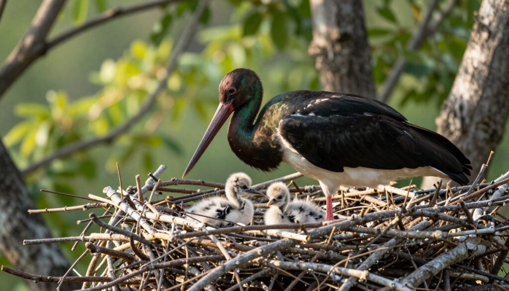 A serene depiction of a black stork nest, prominently featuring the intricately woven twigs and branches forming its structure. In the foreground, focus on the soft, downy chicks peeking out, their fluffy feathers conveying innocence and vulnerability. The middle scene should show their attentive parent, with glossy black feathers shimmering in the soft morning light, symbolizing care and protection. In the background, lush green trees and gentle sunlight filtering through leaves create a peaceful, natural environment. Aim for a slightly blurred depth of field, highlighting the nest and chicks while the vibrant natural surroundings provide a warm, inviting atmosphere, evoking a sense of wonder at the nesting habits and family life of the elusive black stork.