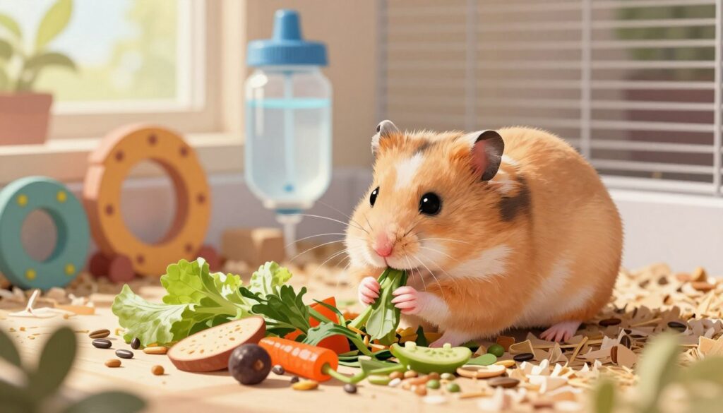 A serene, detailed illustration of a Dzungarian hamster enjoying a balanced diet. In the foreground, a small, fluffy Dzungarian hamster nibbles on fresh vegetables, seeds, and soft bedding materials arranged attractively in a cozy cage setting. The middle ground features a well-organized hamster habitat with colorful chew toys and a water bottle, adding elements of comfort and playfulness. In the background, soft natural light filters through, creating a warm and inviting atmosphere, enhancing the scene's tranquility. The angle is slightly above the hamster, focusing on its delightful engagement with food, evoking a sense of care and attention to its dietary needs. The composition emphasizes the relationship between a proper diet and a happy, healthy hamster.