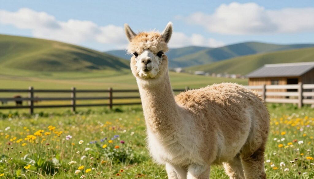 A serene farm setting showcasing a healthy alpaca grazing in a lush green pasture, surrounded by gentle rolling hills under a bright blue sky. In the foreground, the alpaca’s soft, fluffy coat is illuminated by warm sunlight, highlighting its unique facial features and calm expression. The middle ground features a wooden fence and vibrant wildflowers, adding color and depth to the scene. In the background, a clear view of the natural landscape with distant mountains and soft clouds creates a harmonious atmosphere. The overall mood is peaceful and nurturing, emphasizing the gentle nature of the alpaca and suggesting the differences in its habitat between domestication and the wild. The scene is captured with a warm, soft focus to evoke a sense of tranquility and connection to nature.
