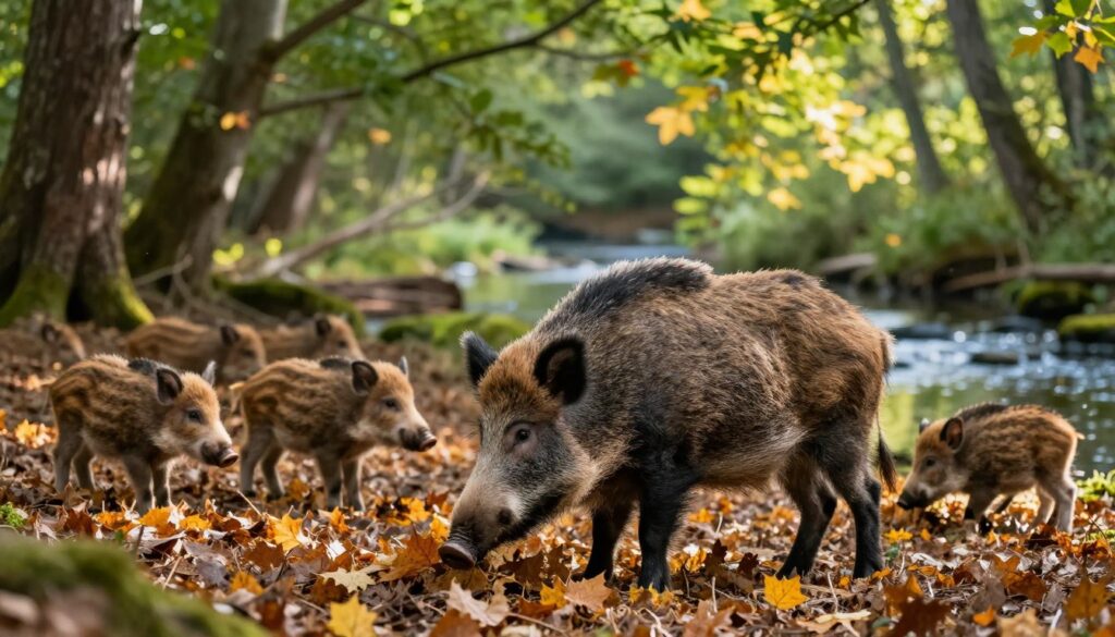 A serene forest scene showcasing a wild boar's lifestyle throughout the seasons. In the foreground, a mature wild boar forages among vibrant autumn leaves, its bristly fur shimmering with earthy tones. In the middle ground, a family of boars, including playful piglets, interacts while under dappled sunlight filtering through the canopy. The background features lush green trees and a hint of a tranquil stream, reflecting shades of green and blue, creating a peaceful atmosphere. Soft, warm lighting bathes the scene, evoking a sense of life and activity in the forest. The composition captures both the vibrancy and calmness of the boar's woodland habitat. A serene forest scene showcasing a wild boar's lifestyle throughout the seasons. In the foreground, a mature wild boar forages among vibrant autumn leaves, its bristly fur shimmering with earthy tones. In the middle ground, a family of boars, including playful piglets, interacts while under dappled sunlight filtering through the canopy. The background features lush green trees and a hint of a tranquil stream, reflecting shades of green and blue, creating a peaceful atmosphere. Soft, warm lighting bathes the scene, evoking a sense of life and activity in the forest. The composition captures both the vibrancy and calmness of the boar's woodland habitat.