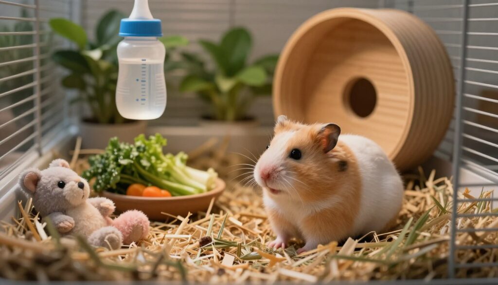 A serene hamster cage interior, designed specifically for a pregnant female hamster. In the foreground, a cozy nesting area filled with soft bedding materials, like shredded paper and hay, cradling small, plush toys for comfort. In the middle ground, a clean water bottle hangs, alongside a small dish with fresh vegetables, creating a nurturing atmosphere. In the background, gentle green plants and a wooden wheel enhance the natural setting. Soft, warm lighting filters through a small opening, casting a calming glow that highlights the peaceful ambiance. The overall mood is tranquil and safe, emphasizing the importance of a quiet and supportive environment for the pregnant hamster.