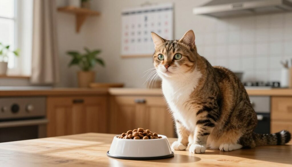 A serene home setting featuring a healthy adult cat sitting gracefully beside a filled food bowl, symbolizing proper feeding habits. In the foreground, the cat's glossy fur reflects gentle sunlight, highlighting its vibrant eyes filled with curiosity. The middle ground showcases a cozy kitchen with warm wooden cabinets and natural light pouring in through a window adorned with soft curtains. In the background, a wall-mounted calendar and a houseplant add a homely touch, subtly hinting at the importance of consistent care. The atmosphere is calm and nurturing, encouraging a sense of responsibility towards pet ownership. The lighting is soft and warm, creating an inviting and peaceful environment, ideal for promoting the well-being of pets.