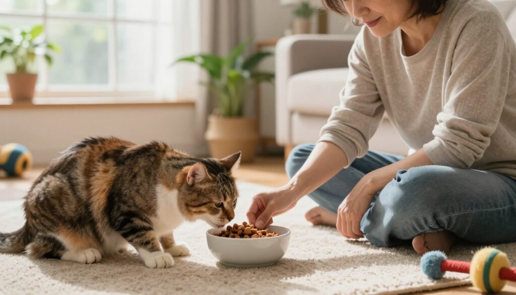 A serene indoor scene of a cozy living room, featuring a calm cat being fed by a caring owner. In the foreground, focus on the owner, a middle-aged person in casual, modest clothing, gently placing cat food into a stylish bowl. Their expression is relaxed and nurturing, creating a stress-free atmosphere. The cat, a fluffy domestic shorthair, looks content and attentive. In the middle, include a soft rug beneath them, and in the background, a window with natural light streaming in, illuminating potted plants and a few cat toys scattered around. The mood should be warm and inviting, suggesting a routine of regular feeding times that promotes the cat's health and well-being.