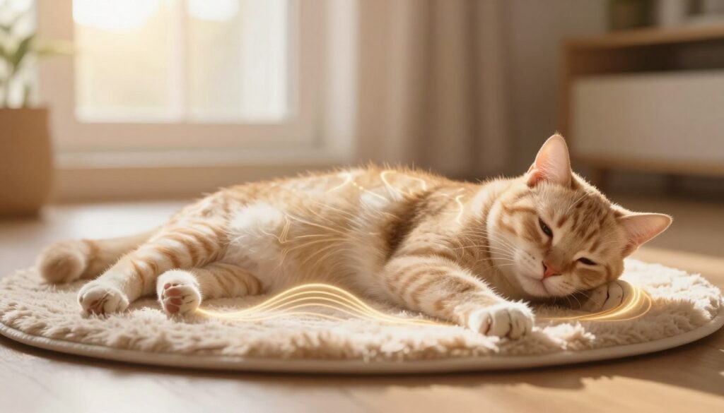 A serene indoor scene showcasing a relaxed cat comfortably lying on a soft, plush mat. The foreground features subtle visual waves emanating from the cat, symbolizing calming vibrations and energy. In the middle, the cat's body is depicted with a gentle glow, emphasizing its bones and muscles, illustrating the essence of healing and regeneration through purring. The background is softly blurred, with warm sunlight streaming through a window, creating a tranquil atmosphere infused with golden hues. The image has a dreamy quality, accentuated by a shallow depth of field, capturing the peaceful essence of the moment, evoking a sense of health and harmony. A serene indoor scene showcasing a relaxed cat comfortably lying on a soft, plush mat. The foreground features subtle visual waves emanating from the cat, symbolizing calming vibrations and energy. In the middle, the cat's body is depicted with a gentle glow, emphasizing its bones and muscles, illustrating the essence of healing and regeneration through purring. The background is softly blurred, with warm sunlight streaming through a window, creating a tranquil atmosphere infused with golden hues. The image has a dreamy quality, accentuated by a shallow depth of field, capturing the peaceful essence of the moment, evoking a sense of health and harmony.