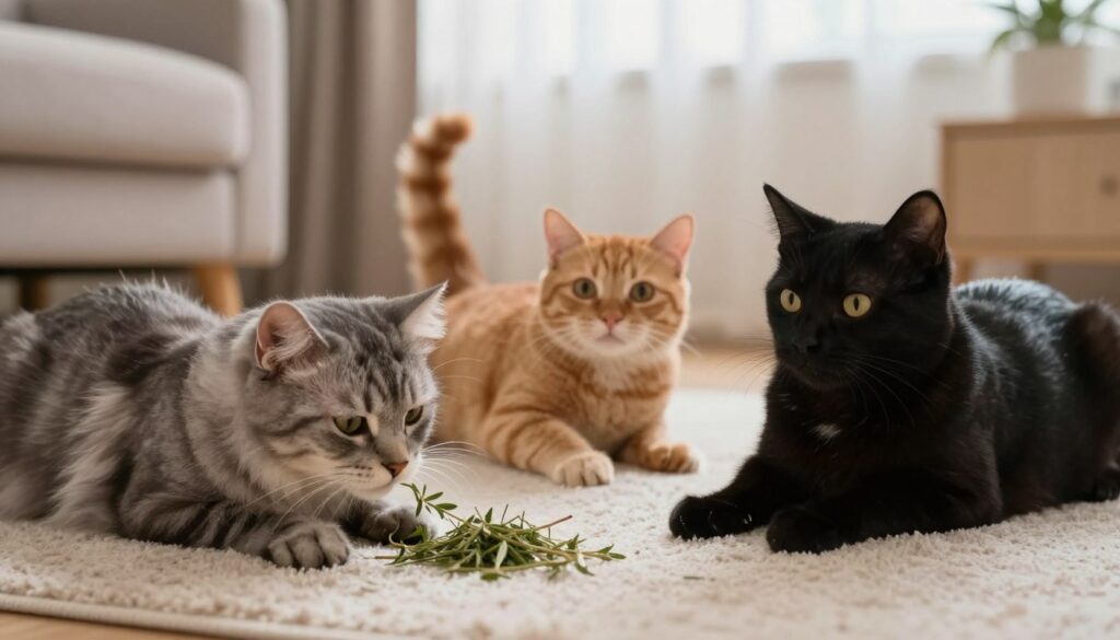 A serene indoor setting featuring three distinct cats showcasing their varying reactions to catnip. In the foreground, a fluffy gray tabby appears curious, sniffing a sprig of catnip, while a sleek black cat is lounging indifferently beside it, displaying a slight disinterest in the herb. In the middle, a playful ginger cat is rolling enthusiastically on a soft rug, fully engaged with the catnip, eyes wide with excitement. The background includes cozy furniture, warm lighting filtering through sheer curtains, creating a calming atmosphere. The scene reflects the themes of genetic differences, age, and individuality among cats, capturing a sense of curiosity and distinction among the felines. The composition is shot with a soft-focus lens to emphasize the cats while maintaining a cozy, inviting ambiance. A serene indoor setting featuring three distinct cats showcasing their varying reactions to catnip. In the foreground, a fluffy gray tabby appears curious, sniffing a sprig of catnip, while a sleek black cat is lounging indifferently beside it, displaying a slight disinterest in the herb. In the middle, a playful ginger cat is rolling enthusiastically on a soft rug, fully engaged with the catnip, eyes wide with excitement. The background includes cozy furniture, warm lighting filtering through sheer curtains, creating a calming atmosphere. The scene reflects the themes of genetic differences, age, and individuality among cats, capturing a sense of curiosity and distinction among the felines. The composition is shot with a soft-focus lens to emphasize the cats while maintaining a cozy, inviting ambiance.