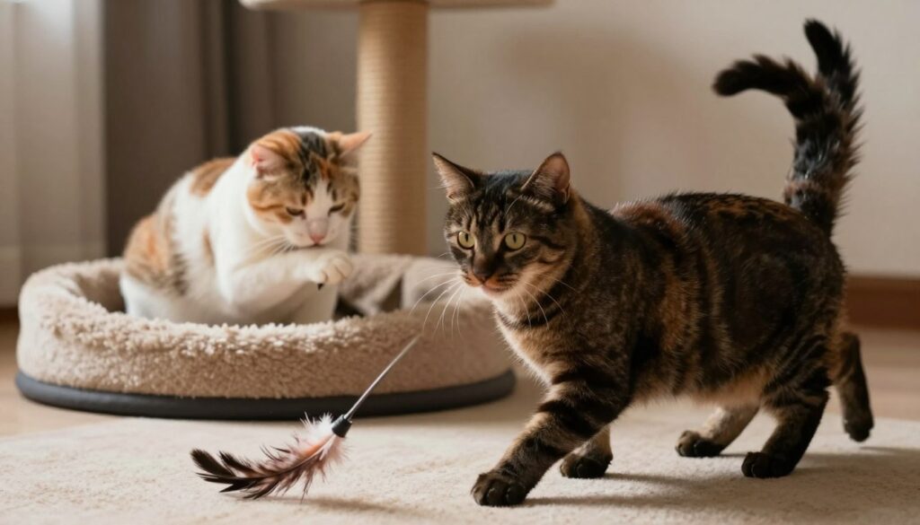 A serene indoor setting featuring two cats, one male and one female, engaged in distinct behaviors that highlight their gender differences. In the foreground, the male cat is playfully pouncing on a feathered toy, exuding energy and curiosity, with a glossy coat glistening in the soft light. The female cat, in the middle ground, lounges gracefully, grooming herself, showcasing her calm demeanor. Both cats are surrounded by cozy furnishings, like a plush cat bed and a scratching post, illustrating a domestic environment. The background captures warm, diffused lighting, creating a welcoming atmosphere, highlighting the subtleties of feline behavior. The angle captures both cats in a balanced composition, focusing on their contrasting interactions.