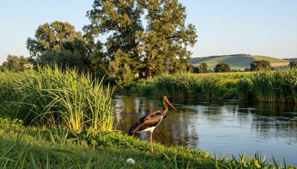 A serene landscape featuring a black stork (bocian czarny) in its natural habitat in Poland. In the foreground, lush green reeds and grasses frame a calm river, reflecting the soft morning light. The black stork, with its striking glossy black plumage and red beak, stands gracefully on the bank, observing the water with keen interest. In the middle ground, a mix of deciduous trees forms a natural backdrop, highlighting the bird’s preference for diverse environments. In the background, gentle hills rise under a clear blue sky, creating a peaceful and secluded atmosphere. The scene is bathed in warm, golden sunlight, conveying a tranquil and harmonious mood typical of the stork's elusive habitat.