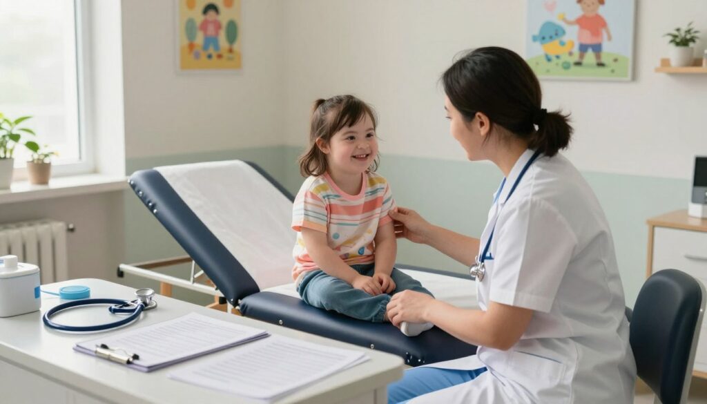 A serene medical examination room bathed in soft, natural daylight, featuring a caring healthcare professional in professional attire, gently interacting with a young child, who has Down syndrome, seated comfortably on an examination table. The child is wearing a cheerful outfit, displaying a bright smile. In the foreground, a variety of medical equipment, including charts and stethoscopes, is neatly organized on a nearby counter. The background reveals calming artwork on the walls, creating a warm and inviting atmosphere. The scene conveys a sense of hope and professionalism, highlighting the importance of medical care and support for children with health conditions. The camera angle presents a slightly elevated viewpoint, allowing for a comprehensive view of the interaction and the environment. A serene medical examination room bathed in soft, natural daylight, featuring a caring healthcare professional in professional attire, gently interacting with a young child, who has Down syndrome, seated comfortably on an examination table. The child is wearing a cheerful outfit, displaying a bright smile. In the foreground, a variety of medical equipment, including charts and stethoscopes, is neatly organized on a nearby counter. The background reveals calming artwork on the walls, creating a warm and inviting atmosphere. The scene conveys a sense of hope and professionalism, highlighting the importance of medical care and support for children with health conditions. The camera angle presents a slightly elevated viewpoint, allowing for a comprehensive view of the interaction and the environment.