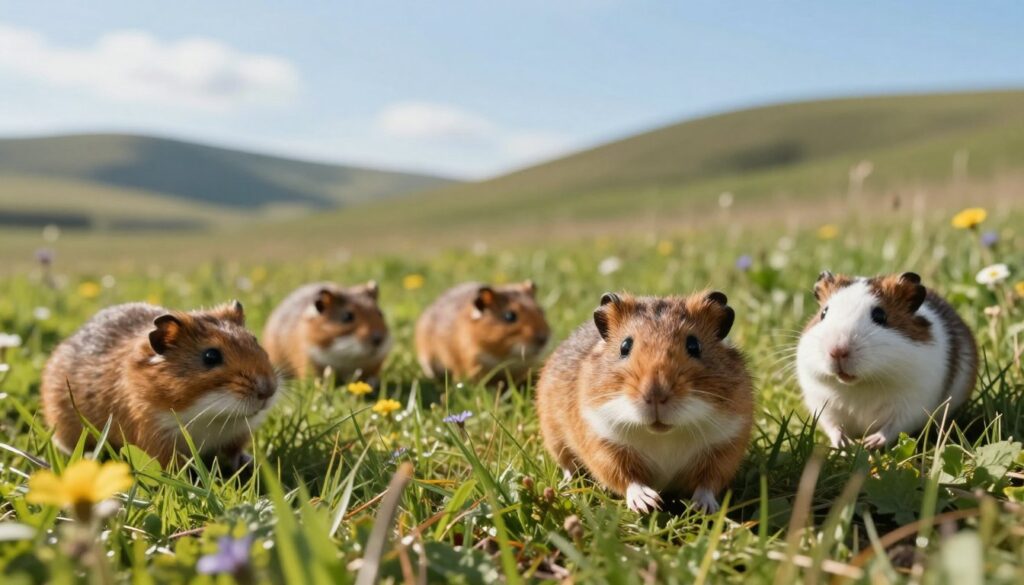 A serene, natural habitat depicting a wild hamster environment. In the foreground, a few small brown and white hamsters attentively explore their surroundings, with soft fur and bright eyes. The middle ground features lush green grasses and scattered wildflowers, suggesting a meadow. In the background, gentle rolling hills and a clear blue sky, providing a tranquil atmosphere filled with soft, warm sunlight. The lens captures the scene from a slightly low angle, emphasizing the hamsters' perspective and the vastness of their habitat. The mood is peaceful and vibrant, illustrating their natural instincts in the wild, inviting a sense of exploration and harmony.