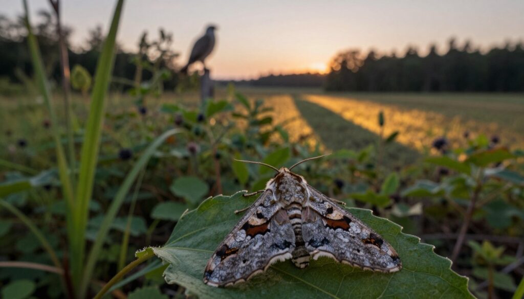 A serene, natural setting showcasing the environmental conditions influencing moth lifespan. In the foreground, a close-up of a moth resting on a leaf, displaying its intricate patterns and colors. The middle ground features diverse vegetation, symptomatic of a healthy ecosystem, including various plants that serve as food sources for moths. In the background, a soft twilight glow casts long shadows, accompanied by subtle hints of predatory birds perched in the trees, suggesting the pressure from predators. The scene is illuminated with warm, gentle lighting that accentuates the delicate textures of the moth and foliage, creating a tranquil yet slightly tense atmosphere, highlighting the balance of life and survival in nature. A macro lens perspective enhances the details. A serene, natural setting showcasing the environmental conditions influencing moth lifespan. In the foreground, a close-up of a moth resting on a leaf, displaying its intricate patterns and colors. The middle ground features diverse vegetation, symptomatic of a healthy ecosystem, including various plants that serve as food sources for moths. In the background, a soft twilight glow casts long shadows, accompanied by subtle hints of predatory birds perched in the trees, suggesting the pressure from predators. The scene is illuminated with warm, gentle lighting that accentuates the delicate textures of the moth and foliage, creating a tranquil yet slightly tense atmosphere, highlighting the balance of life and survival in nature. A macro lens perspective enhances the details.