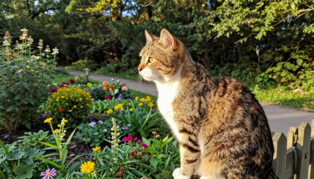 A serene outdoor scene depicting a domestic cat perched on a fence, surveying its surroundings with an alert posture. In the foreground, the cat's fur glistens in the warm sunlight, highlighting its vibrant colors. The middle ground features a lush garden filled with colorful flowers and shrubs, suggesting a well-defined territory. In the background, a path leads away into a dense, inviting forest, hinting at the cat's potential wanderings. The lighting is soft and natural, casting gentle shadows that enhance the peaceful atmosphere. Shot from a slightly low angle to emphasize the cat’s dominance in its environment, this image captures the essence of a cat marking its territory and provides insight into its exploratory nature. A serene outdoor scene depicting a domestic cat perched on a fence, surveying its surroundings with an alert posture. In the foreground, the cat's fur glistens in the warm sunlight, highlighting its vibrant colors. The middle ground features a lush garden filled with colorful flowers and shrubs, suggesting a well-defined territory. In the background, a path leads away into a dense, inviting forest, hinting at the cat's potential wanderings. The lighting is soft and natural, casting gentle shadows that enhance the peaceful atmosphere. Shot from a slightly low angle to emphasize the cat’s dominance in its environment, this image captures the essence of a cat marking its territory and provides insight into its exploratory nature.