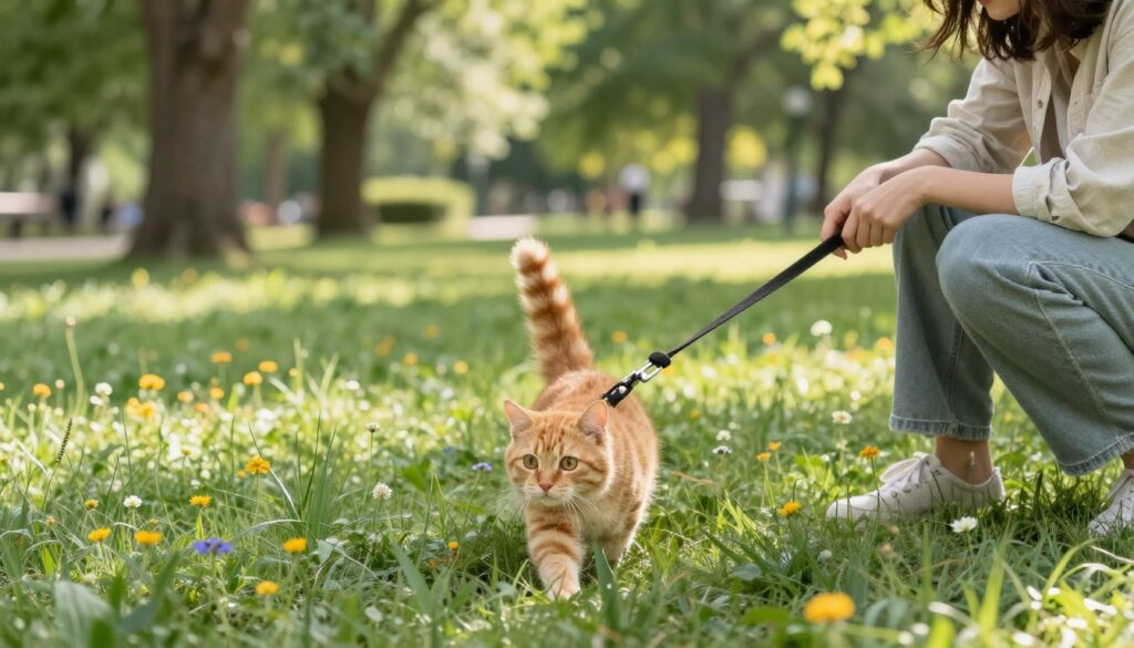 A serene outdoor scene depicting a person walking a cat on a leash in a lush park. In the foreground, the cat, a fluffy ginger tabby, appears curious and playful, its tail upright and eyes wide with excitement. The person, dressed in comfortable, modest casual clothing, crouches down to encourage the cat. In the middle ground, vibrant green grass stretches out, dotted with vibrant wildflowers. In the background, soft trees create a peaceful canopy, with dappled sunlight filtering through the leaves, casting soft shadows. The atmosphere feels joyful and relaxed, reflecting the benefits of outdoor walks for both pets and owners. Use a soft lens focus to enhance the warmth and tranquility of the moment.