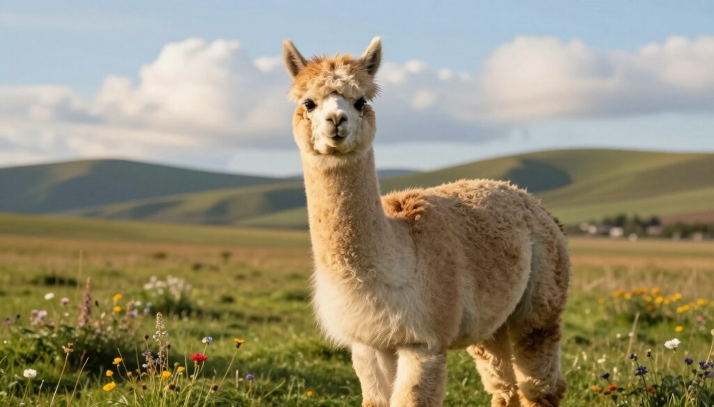 A serene, pastoral landscape featuring a gentle alpaca in focus, showcasing its soft, fluffy coat in rich shades of cream and caramel. The alpaca stands in lush green grass, with a few wildflowers adding pops of color around its feet. In the background, rolling hills and a blue sky with soft, fluffy clouds create a peaceful atmosphere. The lighting is warm and inviting, capturing the golden hour feel that enhances the alpaca's features and fur texture. The camera angle is slightly low, emphasizing the alpaca’s gentle demeanor and creating an intimate perspective, inviting viewers to appreciate the charm of this domesticated species. The overall mood is calm and nurturing, reflecting the alpaca's role in human care and longevity.