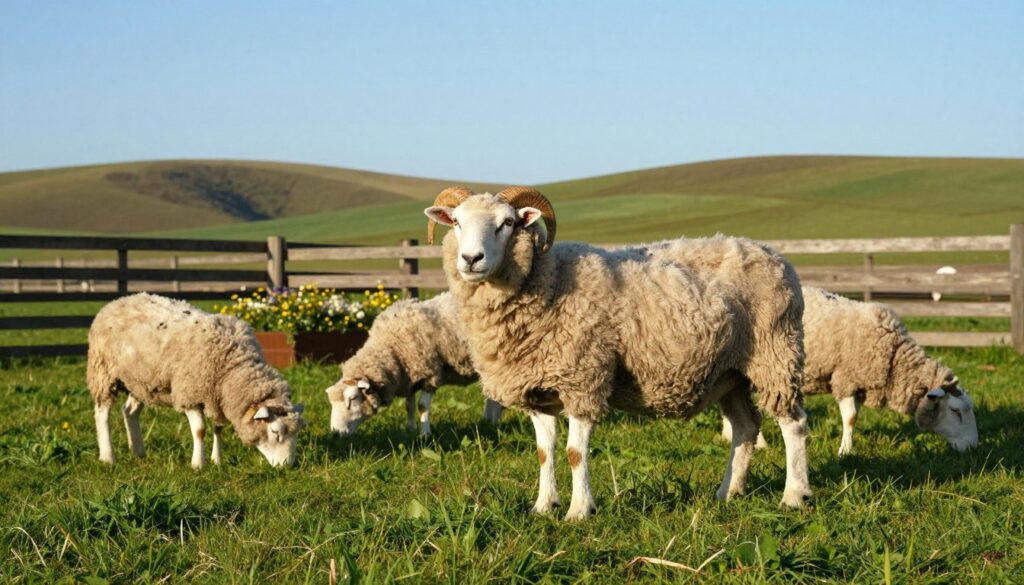 A serene pastoral scene depicting a domestic sheep (ovis aries) grazing peacefully on lush green grass in a well-maintained farm setting, under a clear blue sky. In the foreground, a healthy, mature ram stands proudly, showcasing its impressive woolly coat, while a few sheep of varying ages surround it. The middle ground features a rustic wooden fence and a small raised area with wildflowers, symbolizing the natural habitat of the sheep. In the background, gentle rolling hills provide a calm and idyllic atmosphere. The lighting is warm and natural, captured in a soft afternoon glow, with a focus on the textures of the wool and the vibrancy of the landscape. The mood is tranquil, emphasizing the pastoral life of sheep in a farming context. A serene pastoral scene depicting a domestic sheep (ovis aries) grazing peacefully on lush green grass in a well-maintained farm setting, under a clear blue sky. In the foreground, a healthy, mature ram stands proudly, showcasing its impressive woolly coat, while a few sheep of varying ages surround it. The middle ground features a rustic wooden fence and a small raised area with wildflowers, symbolizing the natural habitat of the sheep. In the background, gentle rolling hills provide a calm and idyllic atmosphere. The lighting is warm and natural, captured in a soft afternoon glow, with a focus on the textures of the wool and the vibrancy of the landscape. The mood is tranquil, emphasizing the pastoral life of sheep in a farming context.