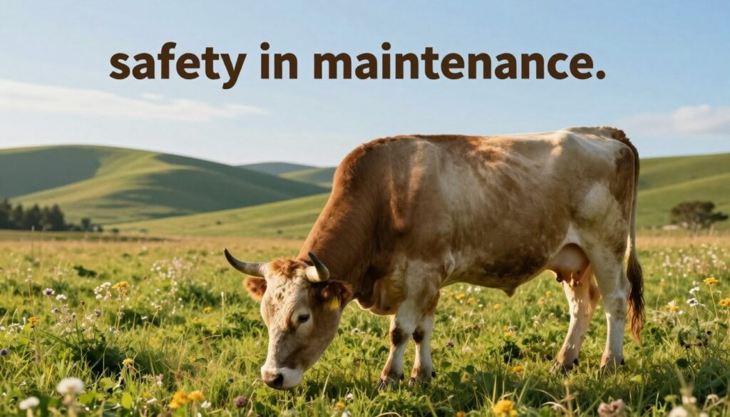 A serene pastoral scene depicting a healthy bull grazing in a lush green pasture, symbolizing "safety in maintenance." In the foreground, the bull stands majestically, showcasing its robust physique and strong horns, with a calm expression. The middle ground features an expanse of vibrant grass dotted with wildflowers, while soft rolling hills stretch into the background, bathed in warm golden sunlight. A clear blue sky enhances the peaceful atmosphere. The lighting is soft and natural, emphasizing the tranquility of the environment. The angle captures the bull slightly from the side, highlighting its stature and the beautiful landscape around it, evoking a sense of harmony and care in farming practices.