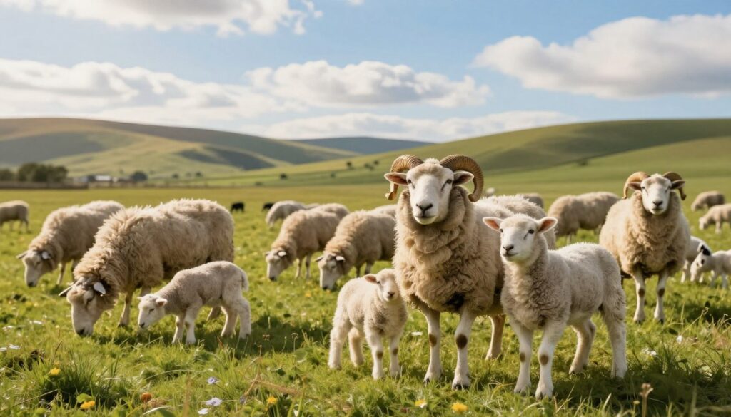 A serene pastoral scene featuring an array of sheep in a lush green meadow, showcasing both male and female specimens. In the foreground, a strong, healthy ram with impressive horns stands proudly next to a ewe, emphasizing their distinct sizes and appearances. In the middle ground, several playful lambs graze alongside their mothers, illustrating the importance of genetics in their development. The background features gentle rolling hills and a clear blue sky, adding depth and tranquility to the scene. Soft, warm sunlight filters through scattered clouds, casting a golden hue across the landscape. The atmosphere is peaceful and nurturing, symbolizing the connection between breed, genetics, and longevity in these animals. The focus is sharp, with a slight depth of field to highlight the sheep against the vibrant scenery.